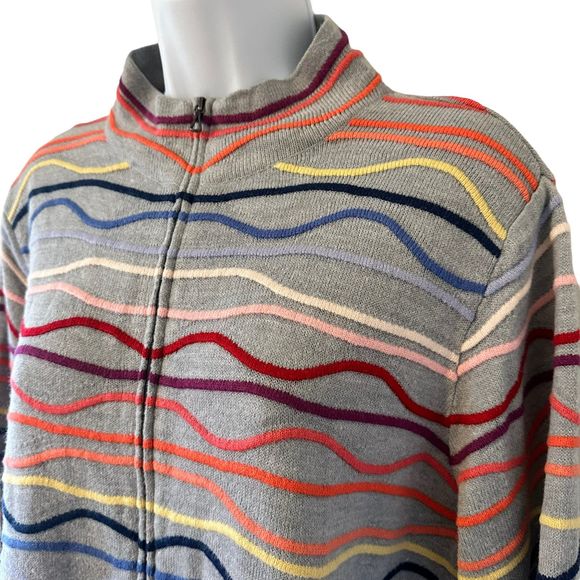 Coldwater Creek Gray Multicolor Wave Zip Up Cardigan Sweater Size 1X - Picture 2 of 7